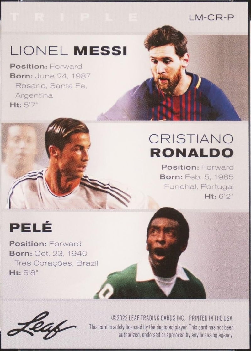leaf 1) Mint The Triple Lionel Messi Pele Ronaldo 2022 Legends Card #LM-CR-P - Image 2